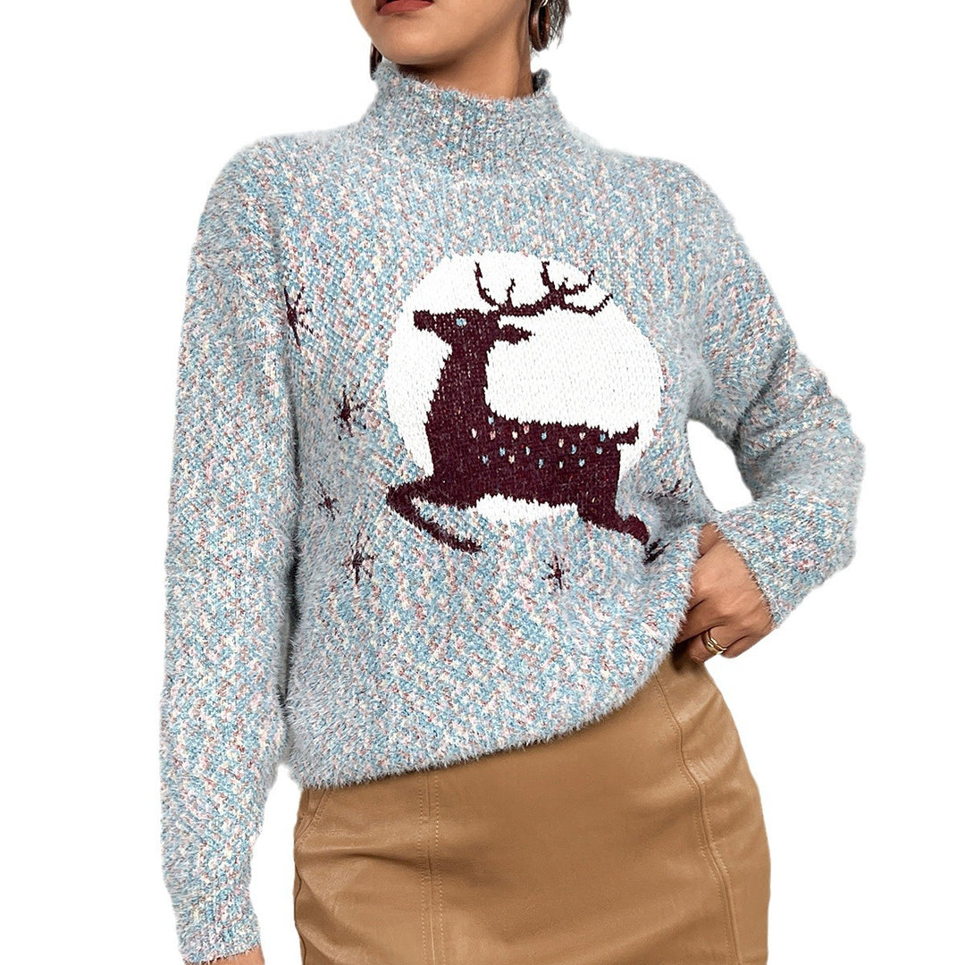 Damen Kuscheliger Weihnachtspullover mit hohem Kragen und festlichem Rentiermotiv Drune