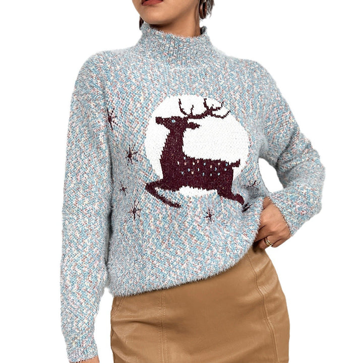Damen Kuscheliger Weihnachtspullover mit hohem Kragen und festlichem Rentiermotiv Drune