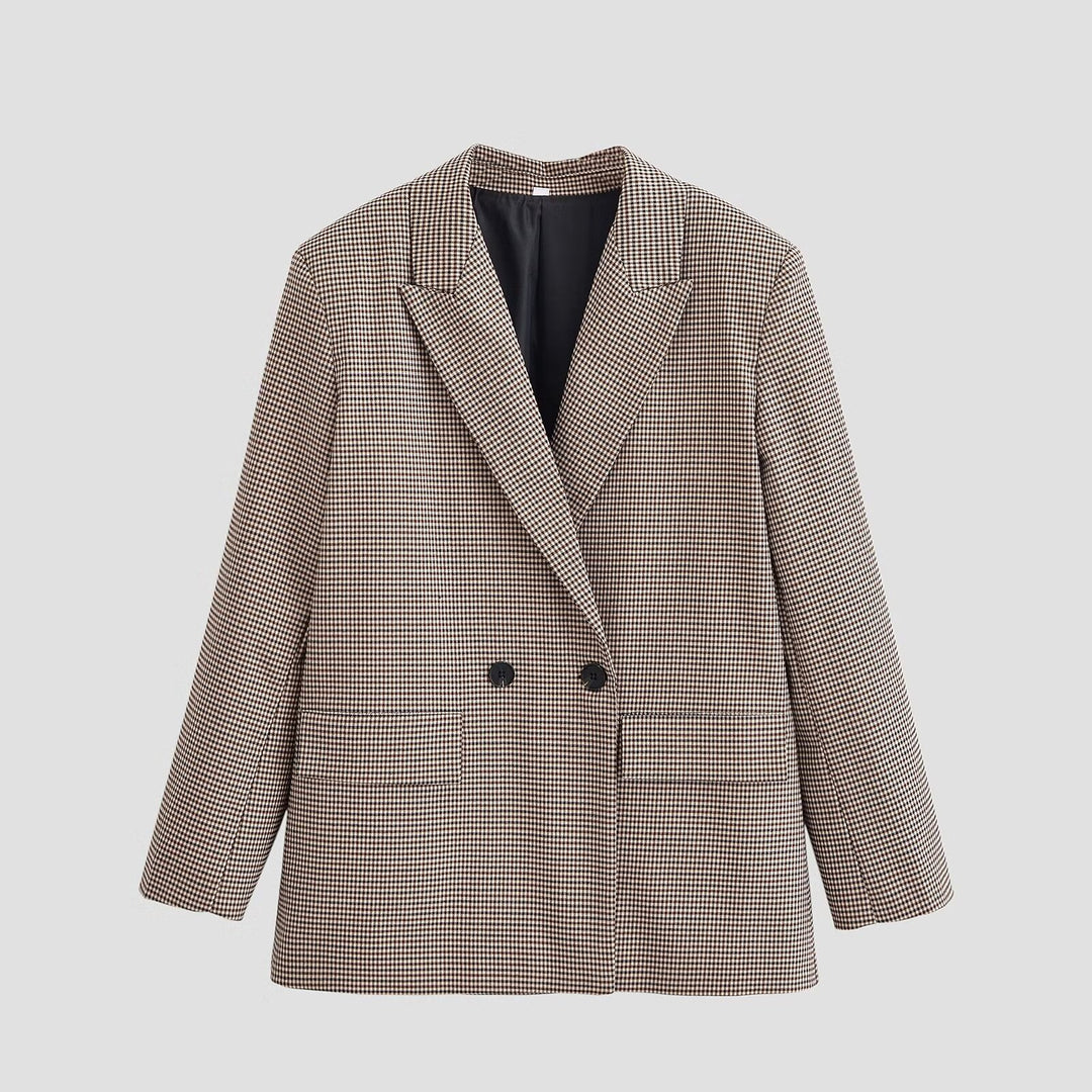 Damen Zweireihiger Oversize-Blazer mit Hahnentritt‑Muster und Pattentaschen Drune