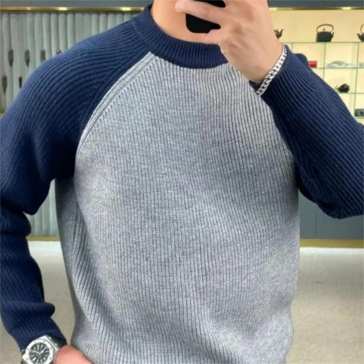 Herren Gerippter Raglan-Pullover mit Kontrastärmeln und kurzem Stehkragen Drune