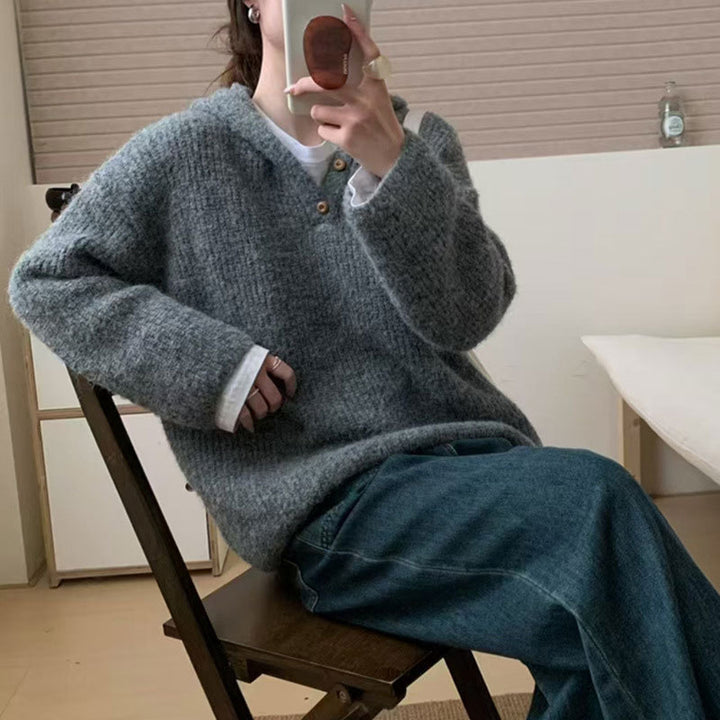 Damen bequemer Strickpullover mit Knopfleiste und Kapuze Drune