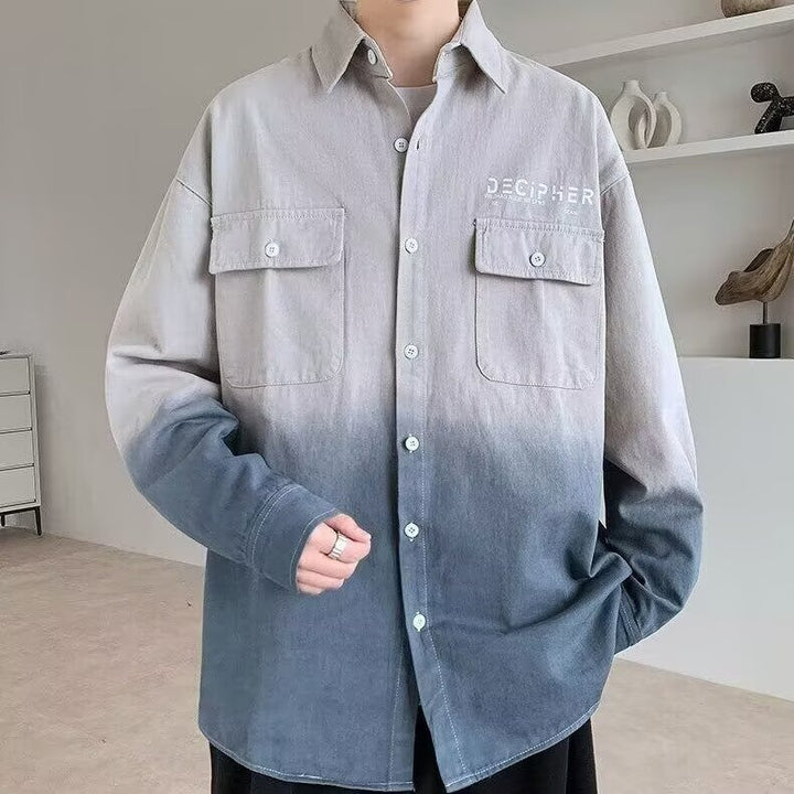 Herren Oversize Dip Dye Baumwollhemd mit Brusttaschen und Verlauffärbung Drune