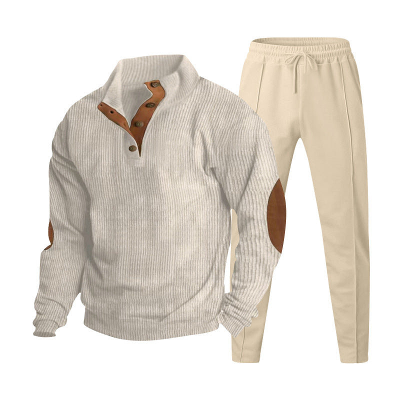 Herren Strukturiertes Henley-Loungewear-Set mit Ellenbogen-Patches & tapered Jogginghose Drune
