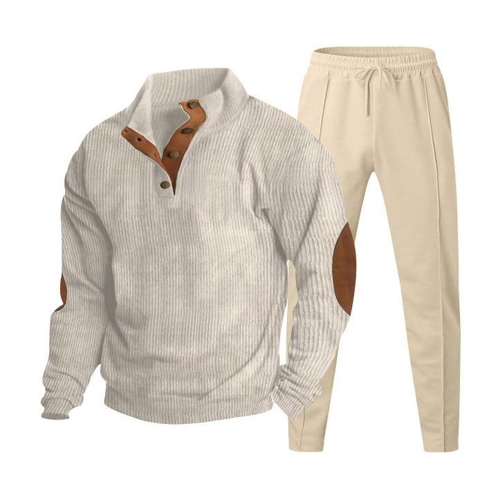 Herren Strukturiertes Henley-Loungewear-Set mit Ellenbogen-Patches & tapered Jogginghose Drune