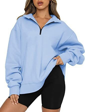Damen nan oversized Sweatshirt mit halbem Reißverschluss, weichem Fleece-Innenfutter und Kängurutasche Drune