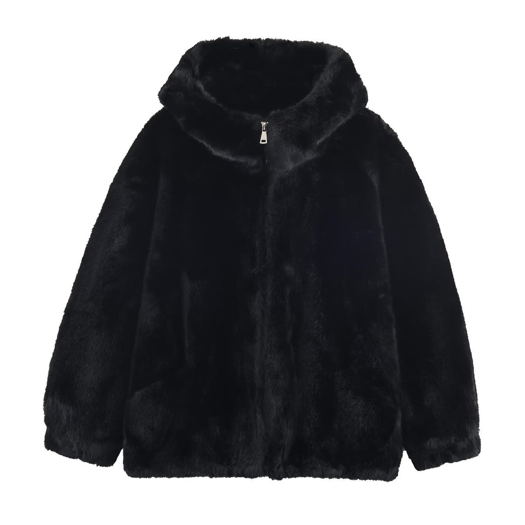 Damen Weiche und luxuriöse Jacke aus Kunstpelz mit Kapuze und praktischen Taschen Drune