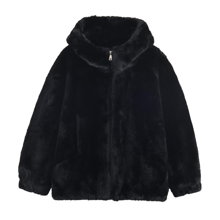 Damen Weiche und luxuriöse Jacke aus Kunstpelz mit Kapuze und praktischen Taschen Drune