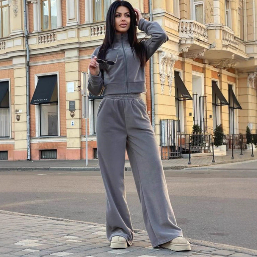 Damen Kurzgeschnittenes Zip-Oberteil mit lockerfallender High-Waist-Loungehose Drune