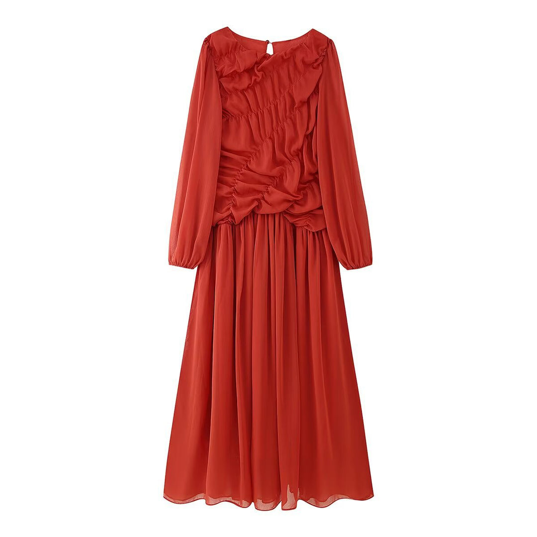 Damen 200+ langes Maxikleid mit Rüschenfront, Chiffon‑Lagen und Plissiertem Rock Drune