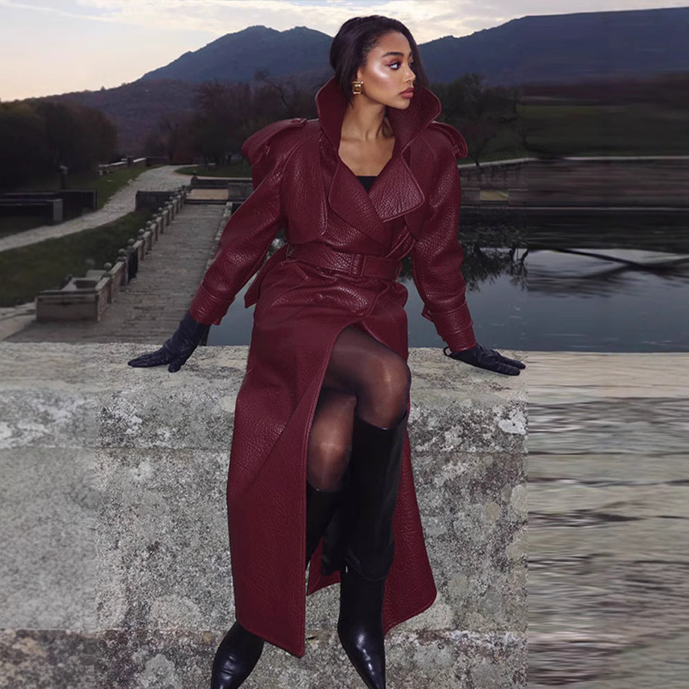 Damen Kunstleder Trenchcoat mit Oberteil und Taillengürtel Drune