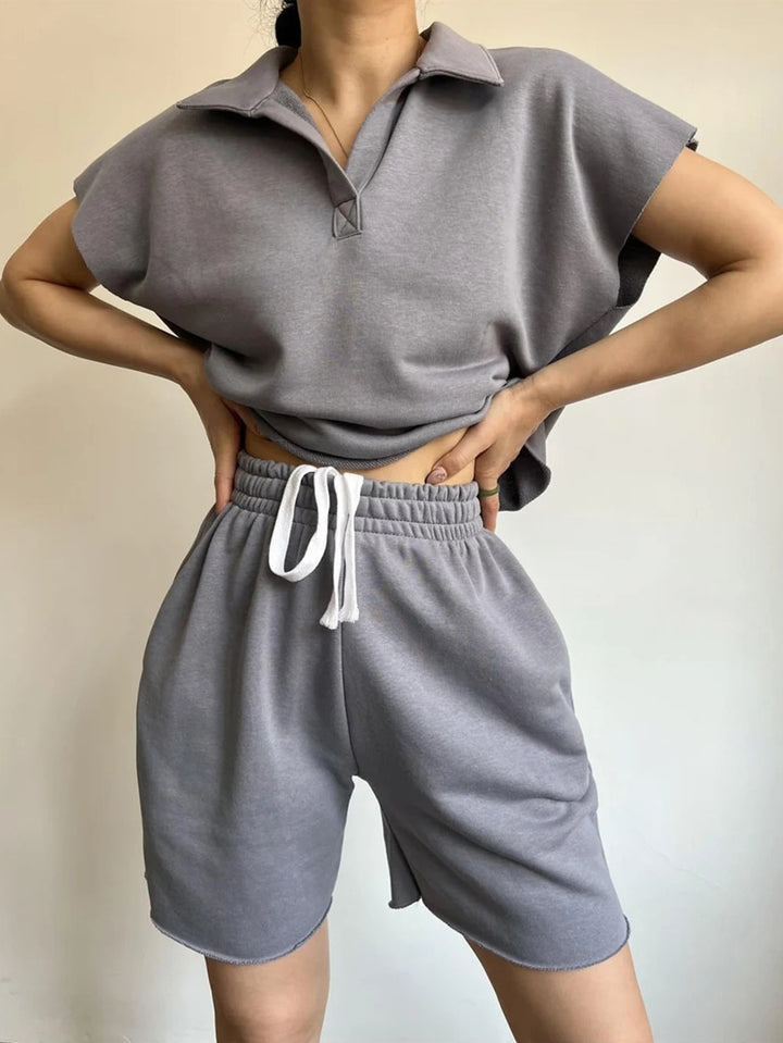 Damen lässiges Poloshirt und kurze Sweatshorts Set Drune