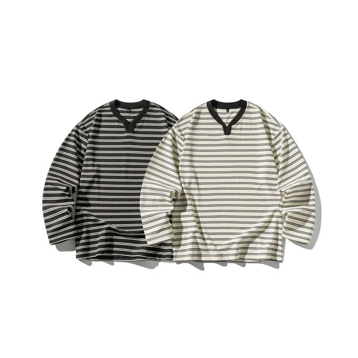 Unisex Gestreiftes Strukturiertes Longsleeve mit Notch-V-Ausschnitt und Rippenstruktur Drune