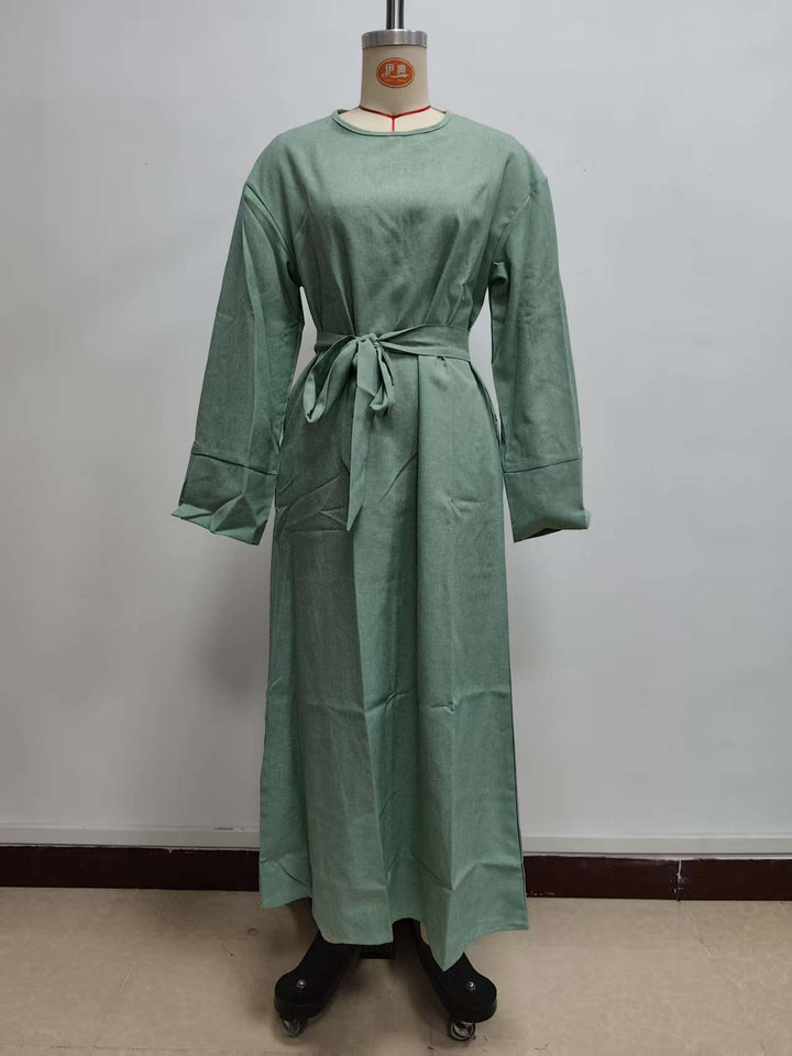 Damen Maxikleid aus Leinen-Mix mit Taillengürtel und weiten Manschellen Drune
