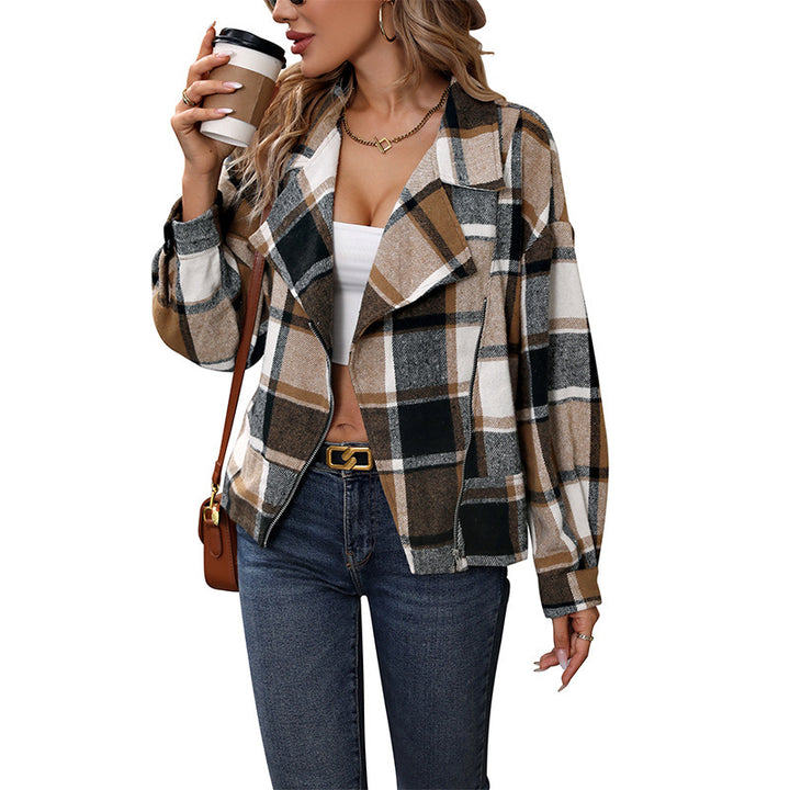 Damen Modische Karo Jacke mit Kragen Drune