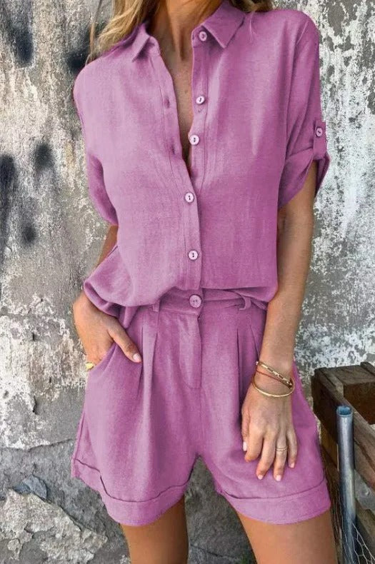 Damen Kurzoverall mit elegantem Hemdkragen und Taillengürtel Drune