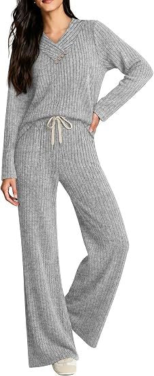 Damen Weiches Rippstrick-Lounge-Set mit V-Ausschnitt und Kordelbund Drune