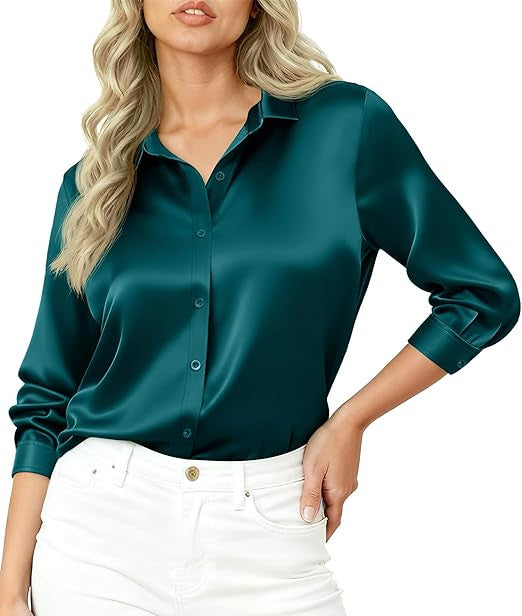 Damen Seidiges Satin-Blusenshirt mit Hemdkragen und dreiviertel Ärmeln Drune