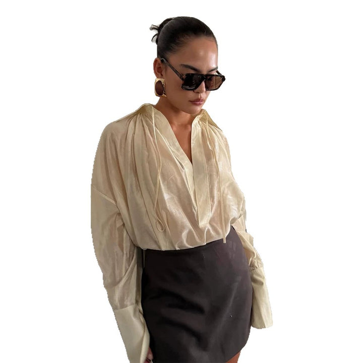 Damen Seidenglänzende Oversize-Bluse mit tiefem V‑Ausschnitt, weiten Manschetten & legerer Silhouette Drune
