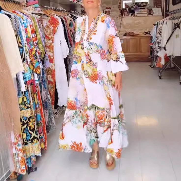 Damen nan luftiges Maxikleid im Lagenlook mit V-Ausschnitt, Knopfleiste und dreiviertel-Glockenärmeln Drune