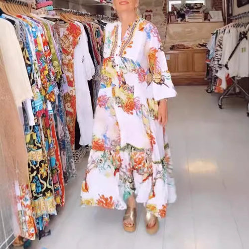 Damen nan luftiges Maxikleid im Lagenlook mit V-Ausschnitt, Knopfleiste und dreiviertel-Glockenärmeln Drune
