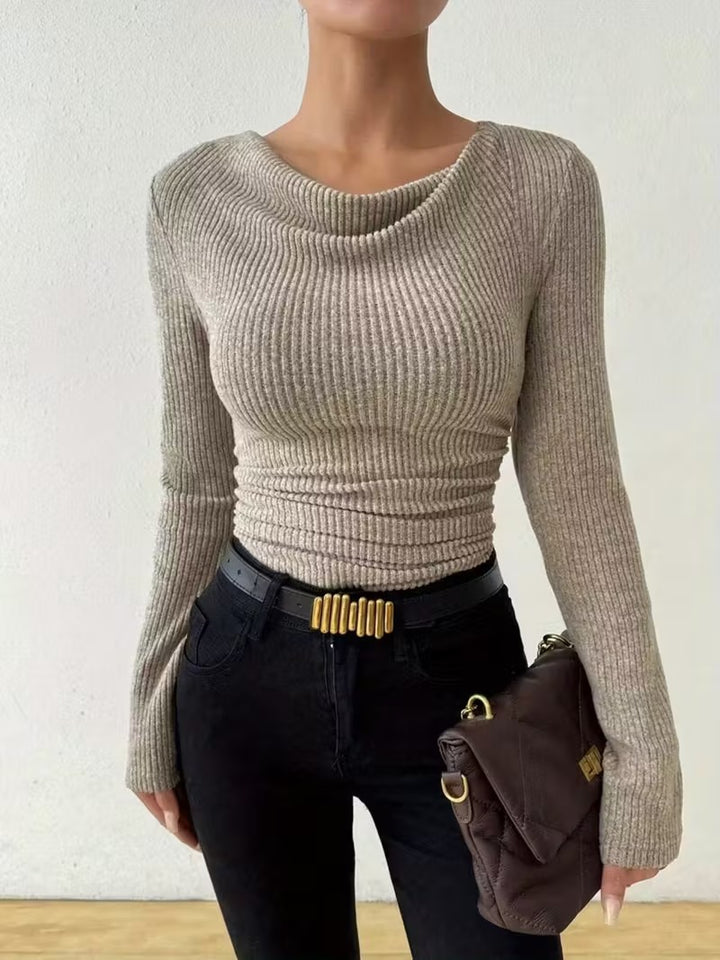 Damen Gerippter Taillierter Feinstrickpullover mit Raffung Drune