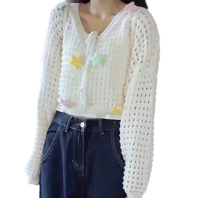 Damen luftige Strickjacke mit bunten Sternapplikationen und Kordelzug Drune