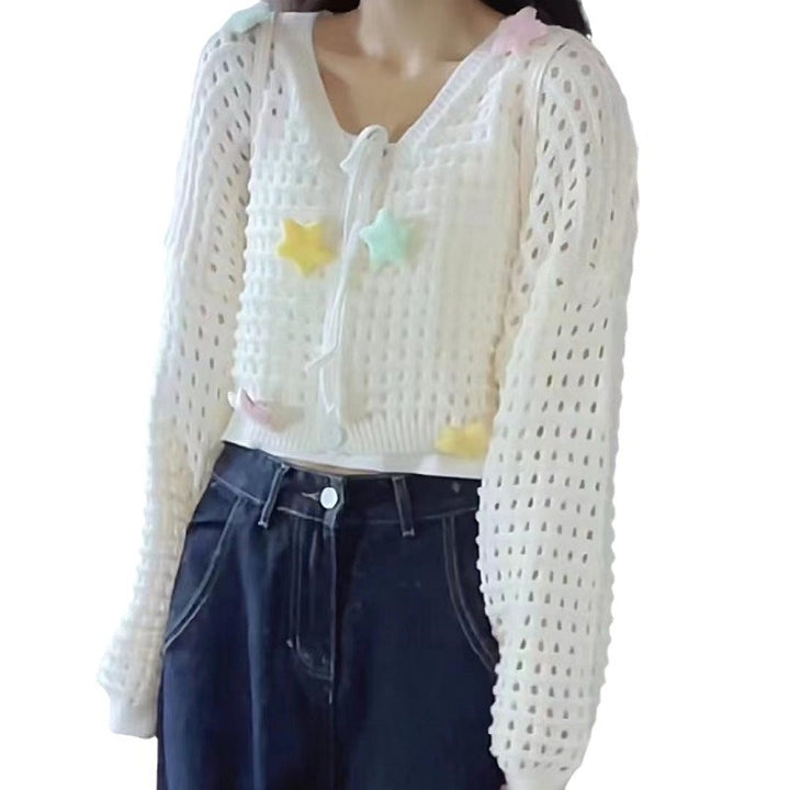 Damen luftige Strickjacke mit bunten Sternapplikationen und Kordelzug Drune