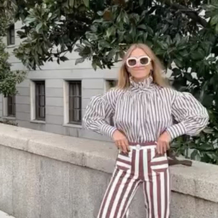 Damen Gestreifte Oversized-Bluse mit Rüschkragen & voluminösen Puffärmeln Drune