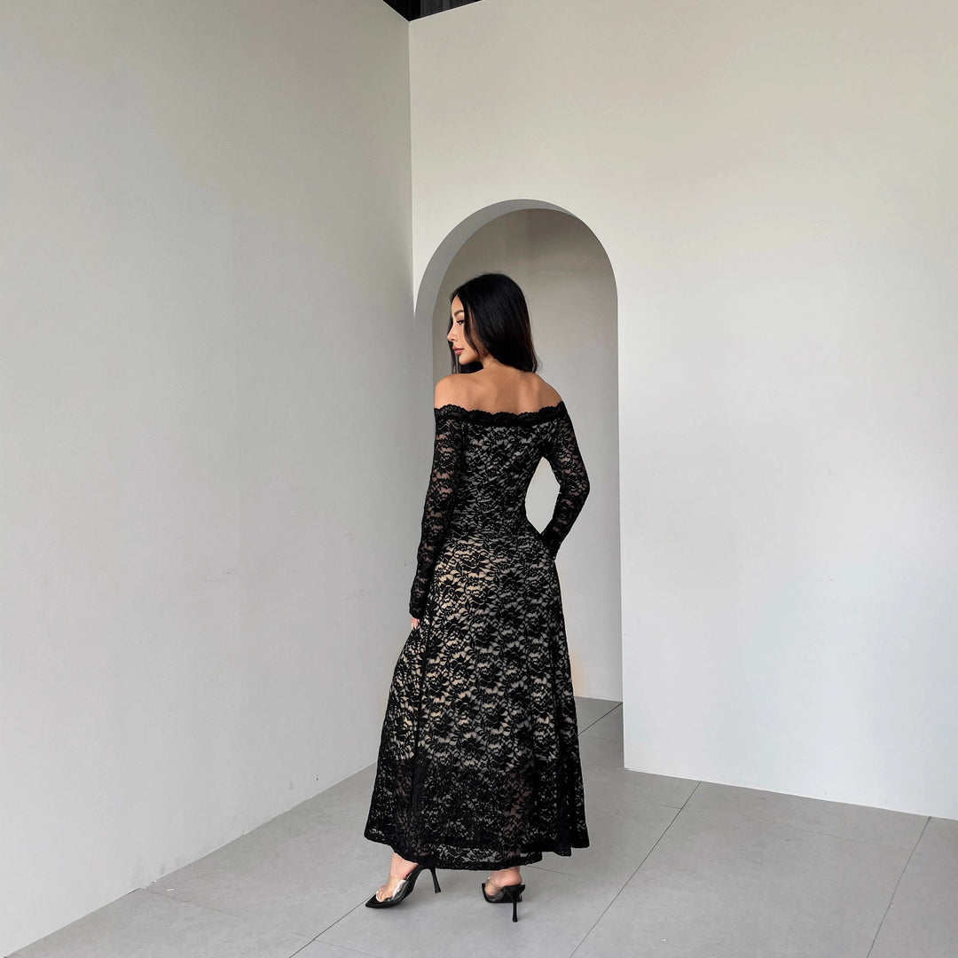 Damen nan schulterfreies Spitzenmidikleid mit feiner floraler Spitze, gefütterter Innenlage und tailliertem Schnitt Drune