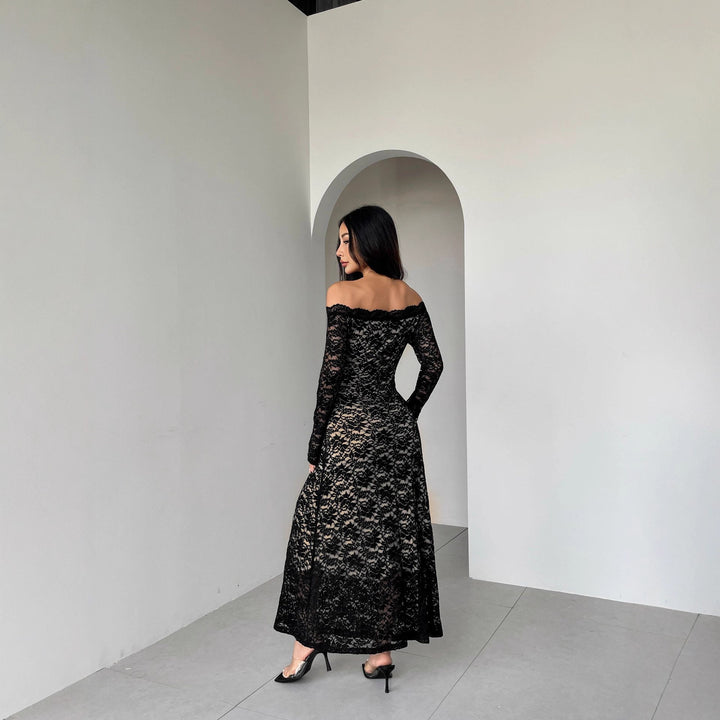 Damen nan schulterfreies Spitzenmidikleid mit feiner floraler Spitze, gefütterter Innenlage und tailliertem Schnitt Drune