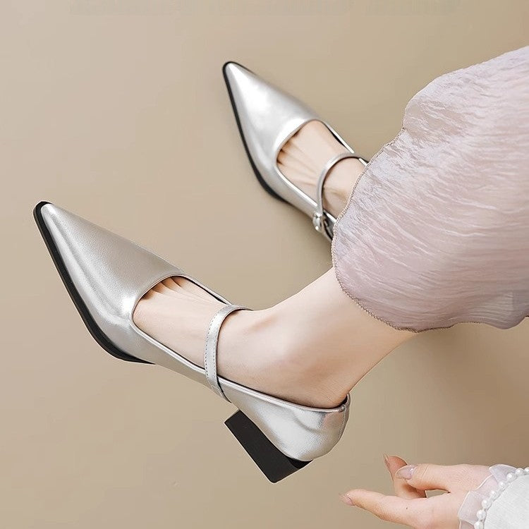 Damen Riemchenpumps im Mary‑Jane‑Stil mit spitzer Zehenkappe und geformtem Blockabsatz Drune