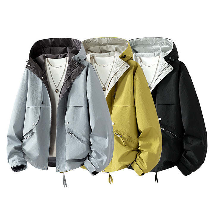 Unisex leichte windabweisende Übergangsjacke mit verstellbarer Kapuze, Kordelzug und Reißverschlusstaschen Drune