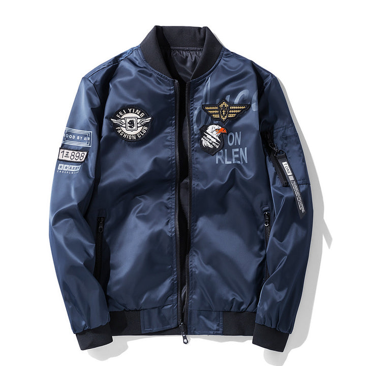 Men's  satin flight-style bomber jacket with embroidered patches and zip utility sleeve pocket Drune
