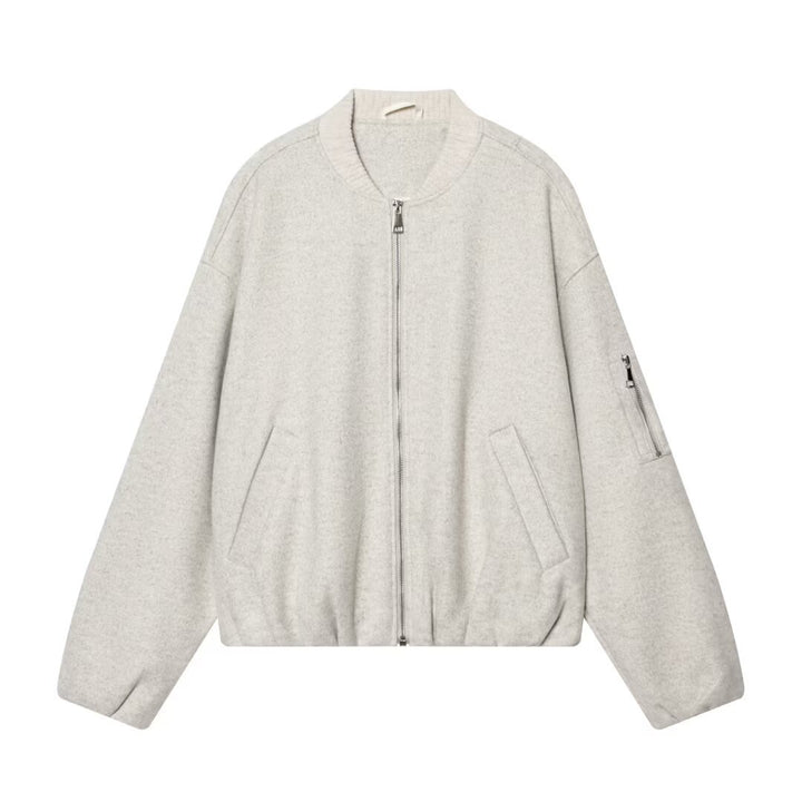 Damen Boxy-Bomberjacke aus Sweatmaterial mit Reißverschluss und Ärmeltasche Drune
