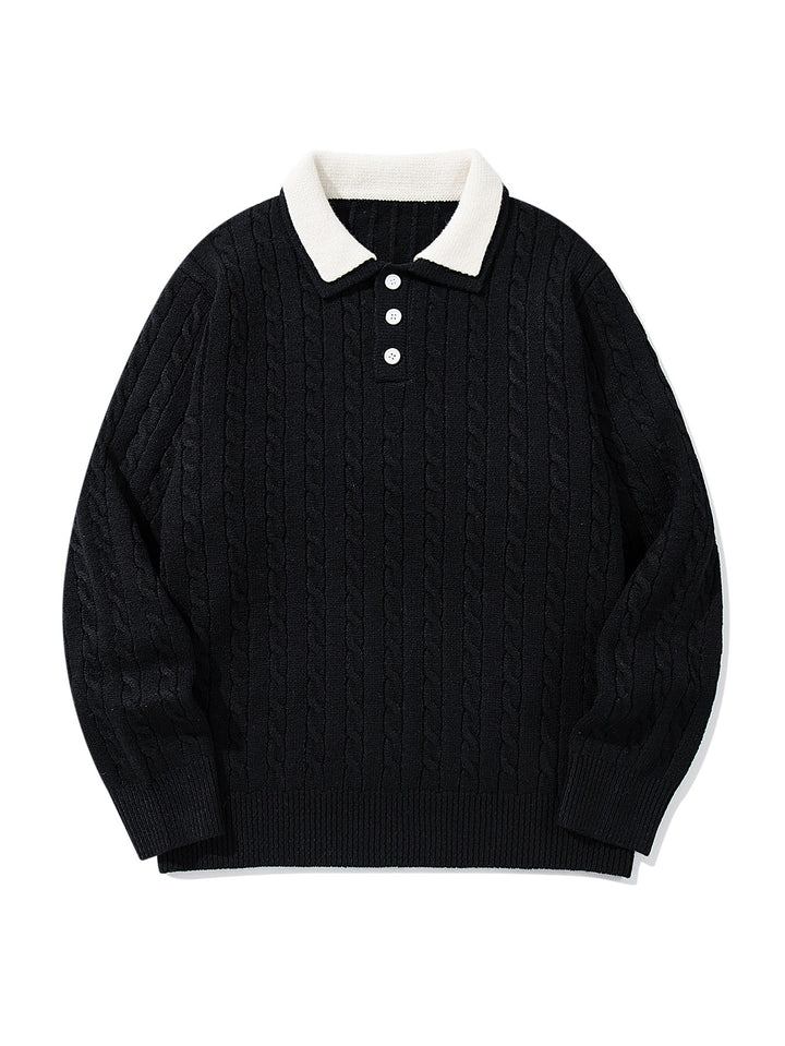 Unisex Polo-Strickpullover mit Zopfstrick und Kontrastkragen Drune