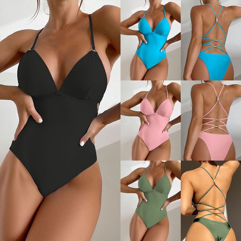 Damen Einteiler Badeanzug mit tiefem V-Ausschnitt und eleganten Trägern Drune