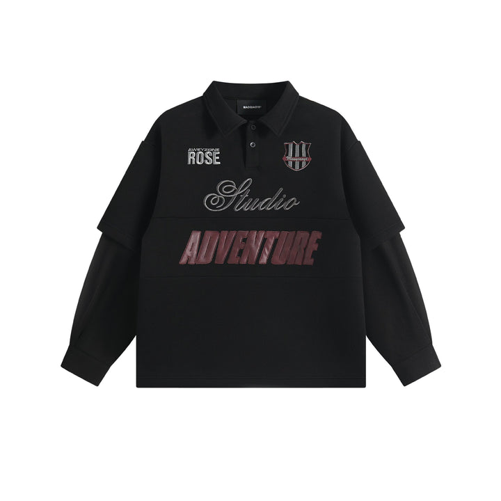 Damen Lagenlook-Sweatshirt mit Polokragen und aufgesetzten Stick-Patches Drune