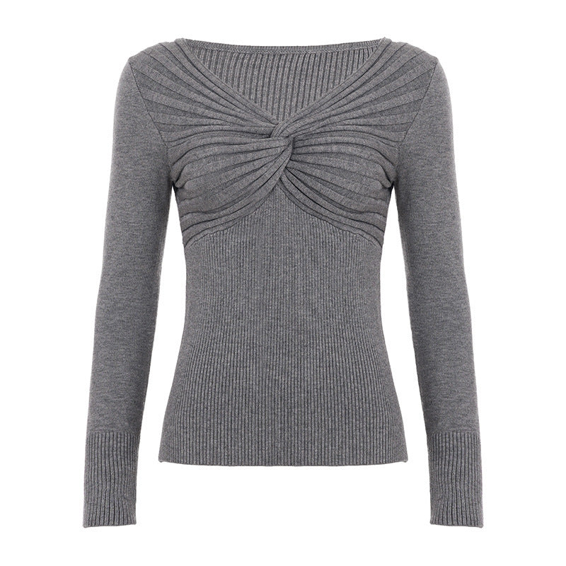 Damen Feinstrick-Pullover mit gedrehtem Vorderteil und taillierter Rippstruktur Drune
