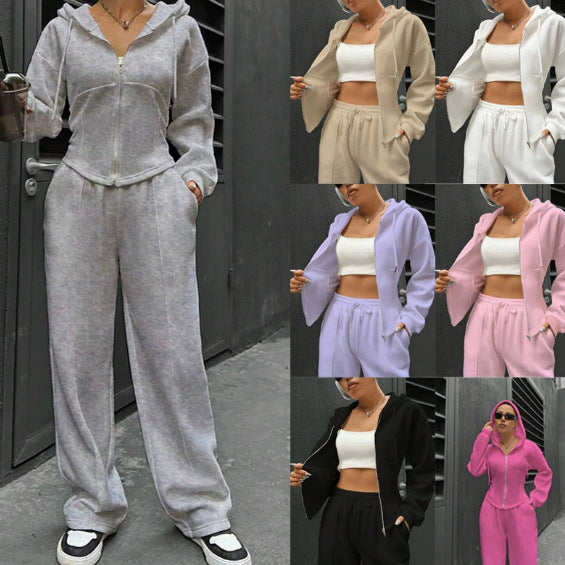 Damen Zip-Hoodie und weite Sweatpants Set mit taillierter Nahtführung Drune