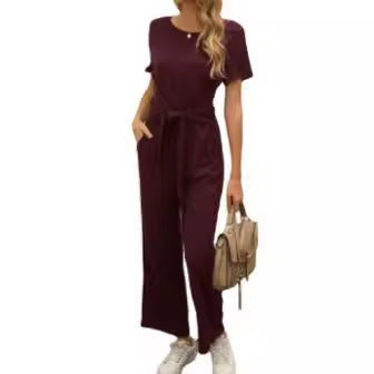 Damen Jumpsuit mit Bindegürtel und weitem Bein Drune