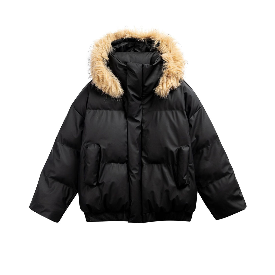 Damen Wattierte Kurzsteppjacke mit Kunstfellkapuze und geripptem Saum Drune