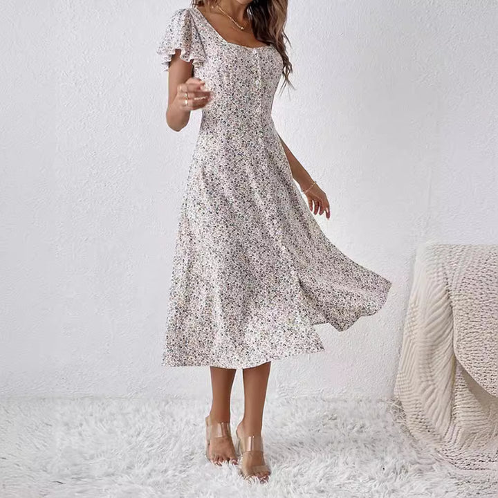 Damen nan tailliertes Midikleid mit quadratischem Ausschnitt, verdeckter Knopfleiste und fließendem A-Linien-Rock Drune