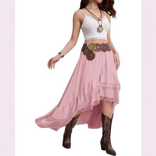 Damen Boho Maxi-Rock mit asymmetrischem Saum und Spitzenverzierungen Drune
