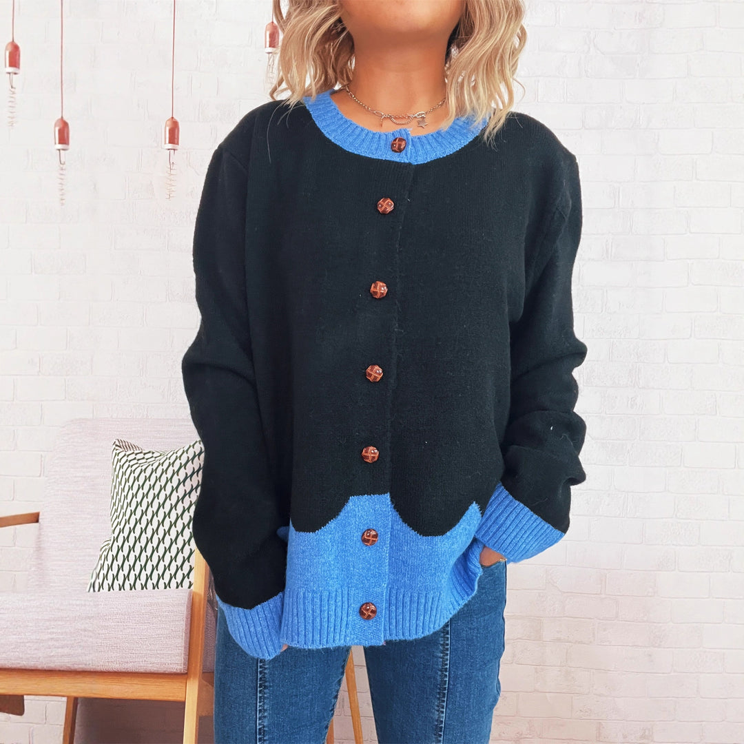 Damen lässige Strickjacke mit buntem Kontrast und eleganten Knopfdetails Drune