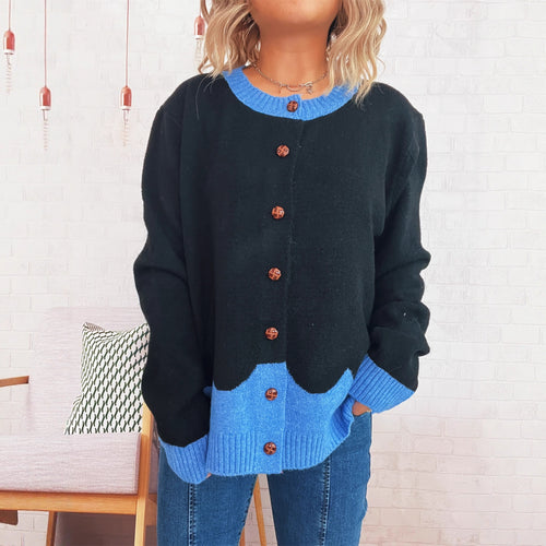 Damen lässige Strickjacke mit buntem Kontrast und eleganten Knopfdetails Drune
