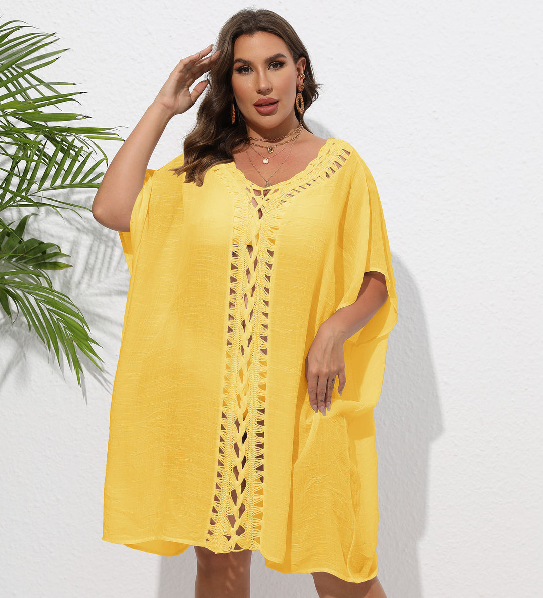 Damen Luftiger Strandkimono mit dekorativer Häkelspitze Drune