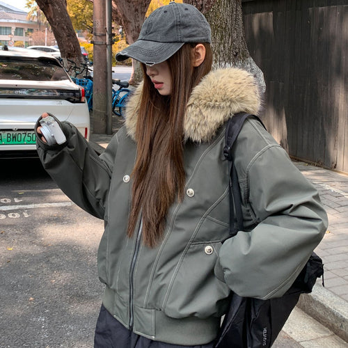 Damen gefütterte Winterjacke mit abnehmbarem Kunstfellkragen und großen Taschen Drune