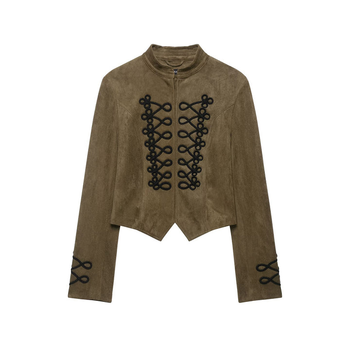 Damen Taillierter Cropped‑Veloursleder‑Blouson mit militärischer Kordelapplikation und Stehkragen Drune