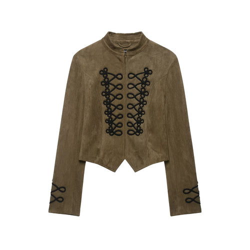 Damen Taillierter Cropped‑Veloursleder‑Blouson mit militärischer Kordelapplikation und Stehkragen Drune