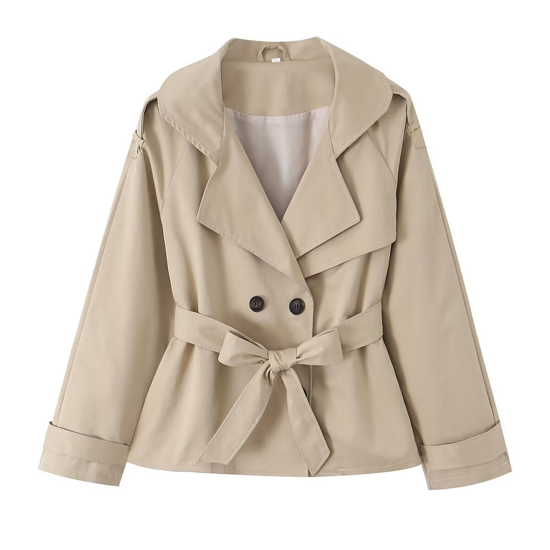 Damen Kurzer Taillierter Trench‑Blouson mit Kapuzenkragen, Schleifenbindegürtel und Raglanärmeln Drune